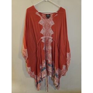Angie‎ Women's Sz Medium Red Rayon Kimono Kafatan Tunic Shark Bite Lace Boho Top